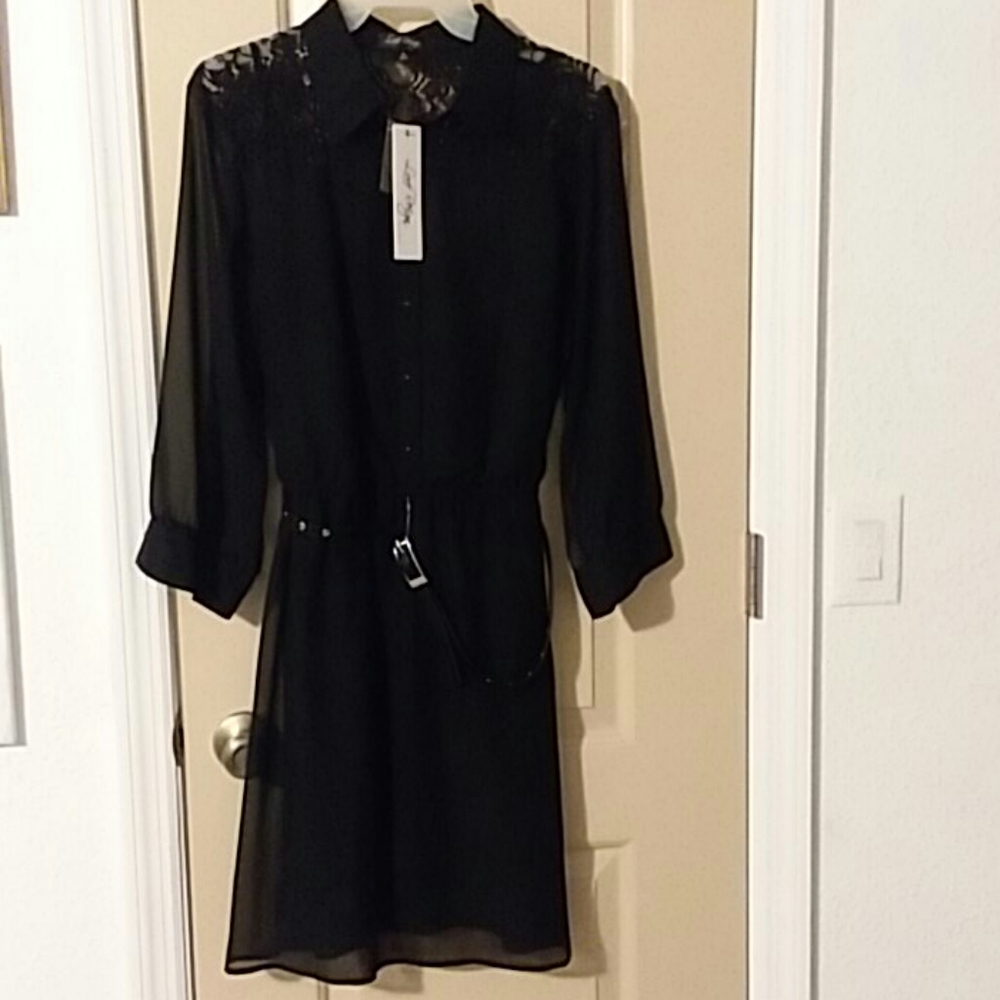 Love Reign Black Belted Sheer Sleeve Dress NWT